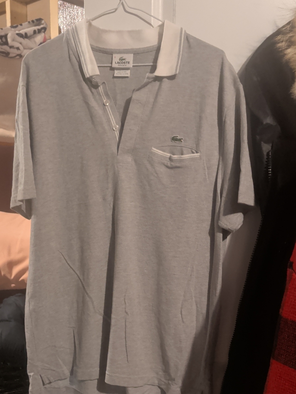 Lacoste Men’s Light Gray Polo with Chest Pocket and Contrast Collar